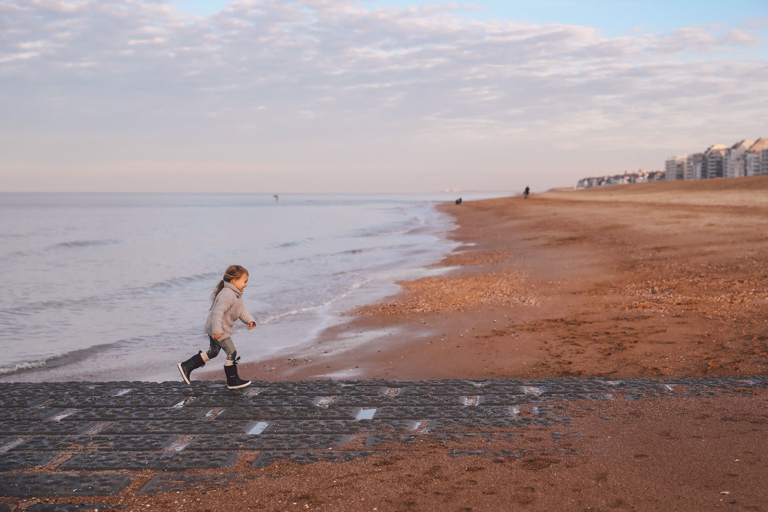A person and dog explore a sandy beach at sunset with waves lapping at the shore and buildings in the distance.
