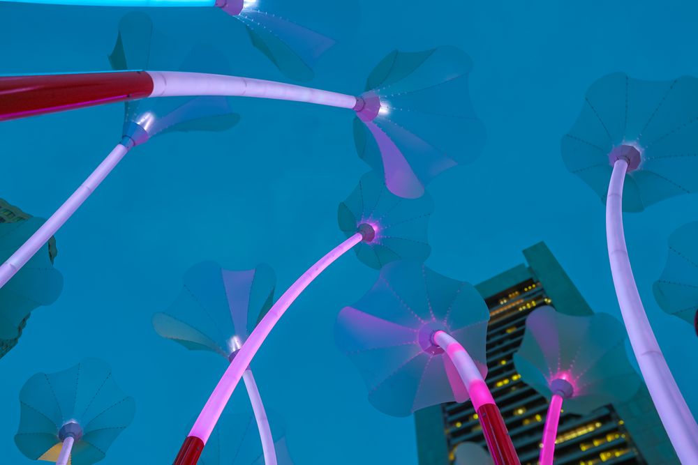 Pink and purple inflatable tube decorations glow against a blue evening sky at an outdoor event.