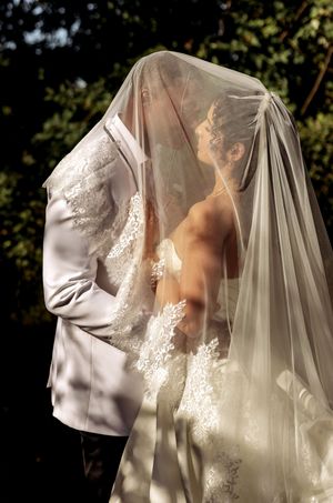 A romantic wedding portrait with the couple embracing under a delicate veil.
