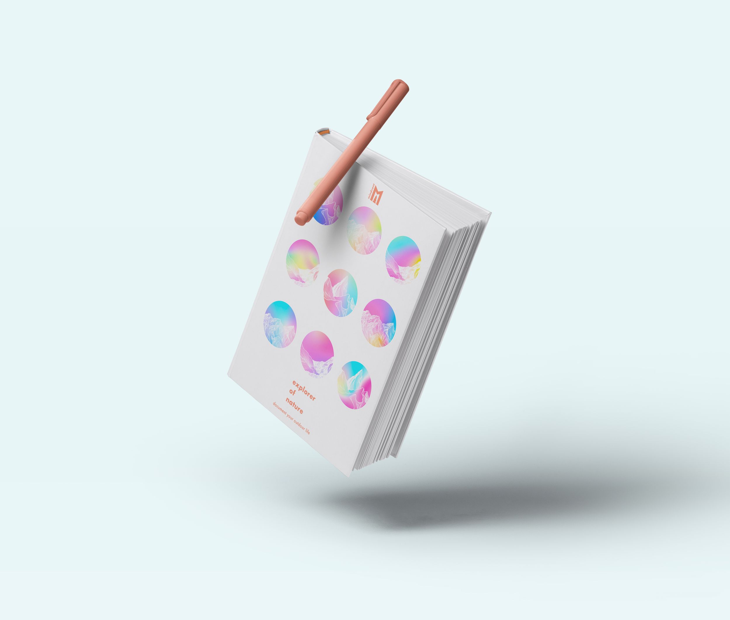 Floating white business cards with colorful watercolor design elements on light blue background.