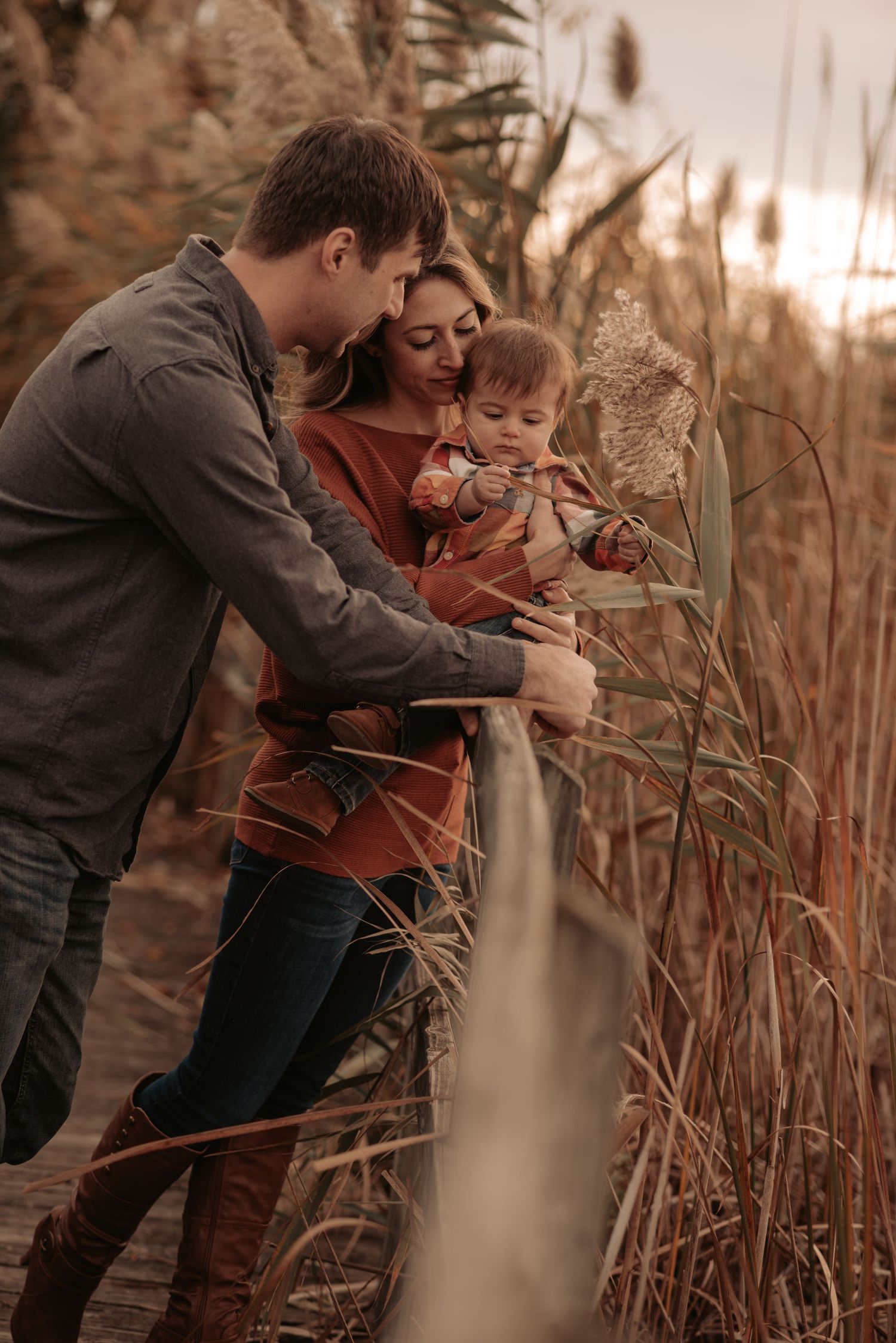 A tender family moment captured in tall reeds during golden hour sunset.