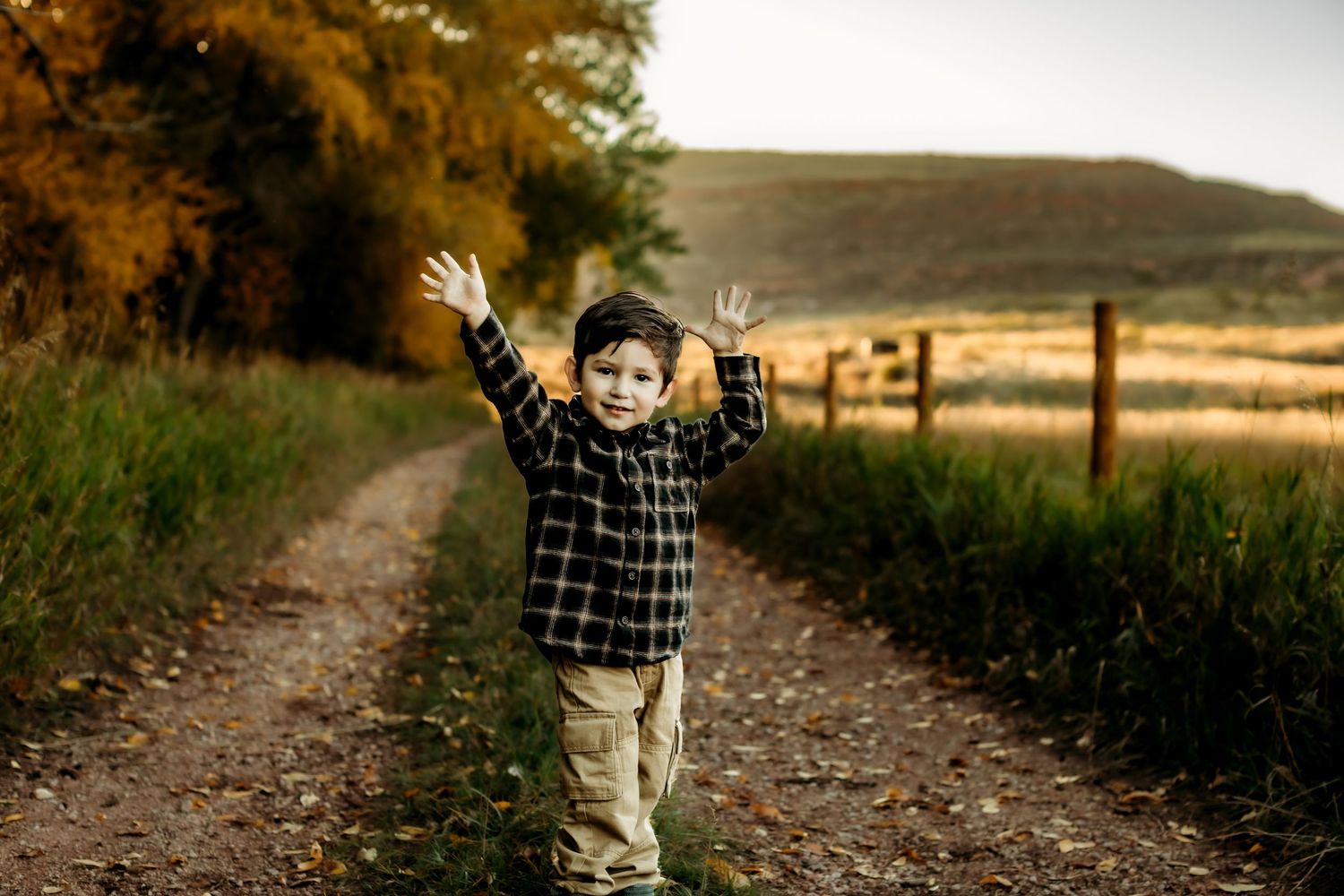 A sequence of photos showing a small child walking and playing along a dirt path through a rural countryside setting.