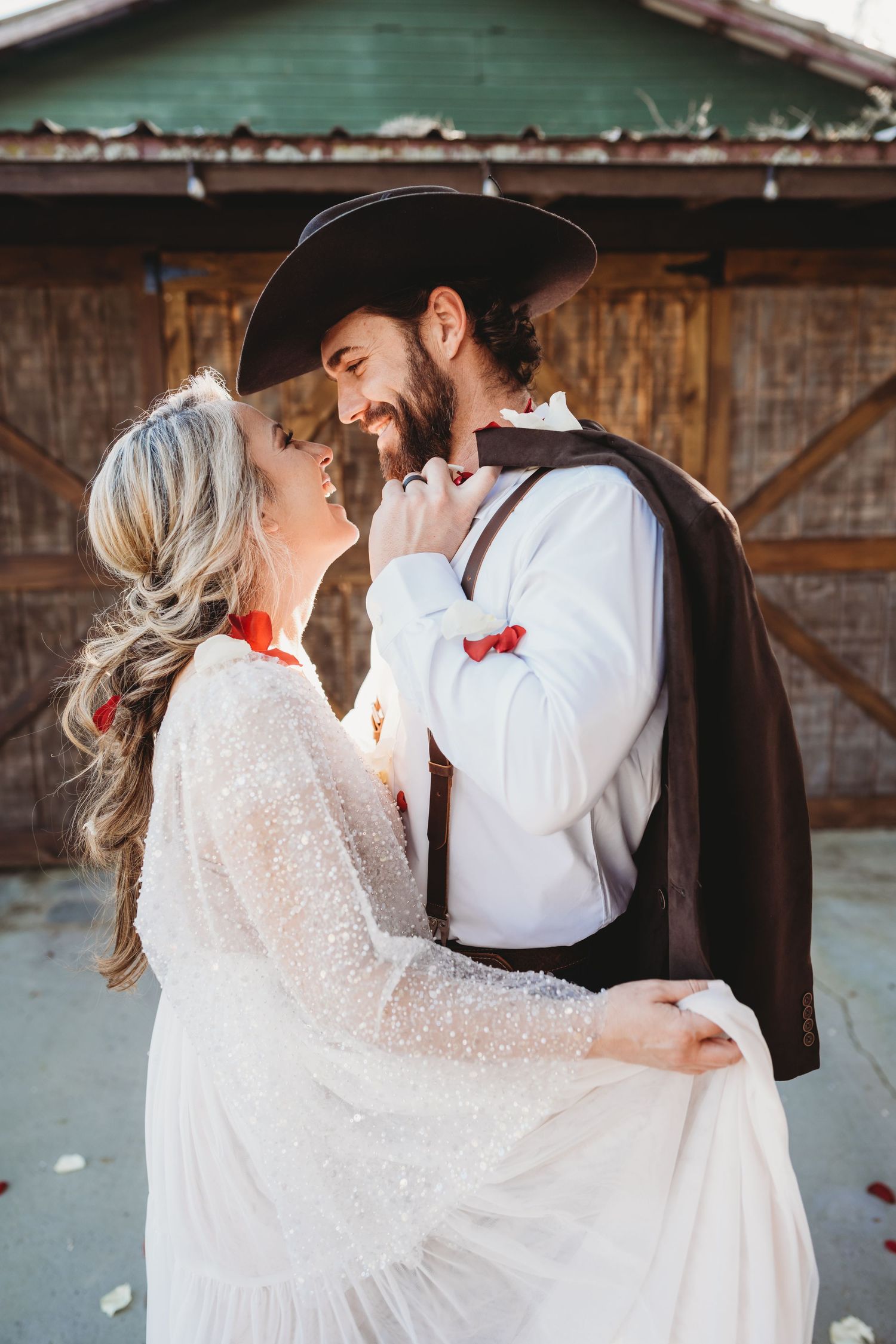 Romantic wedding portraits in Wesley Chapel Florida with rose petals and soft afternoon sunlight