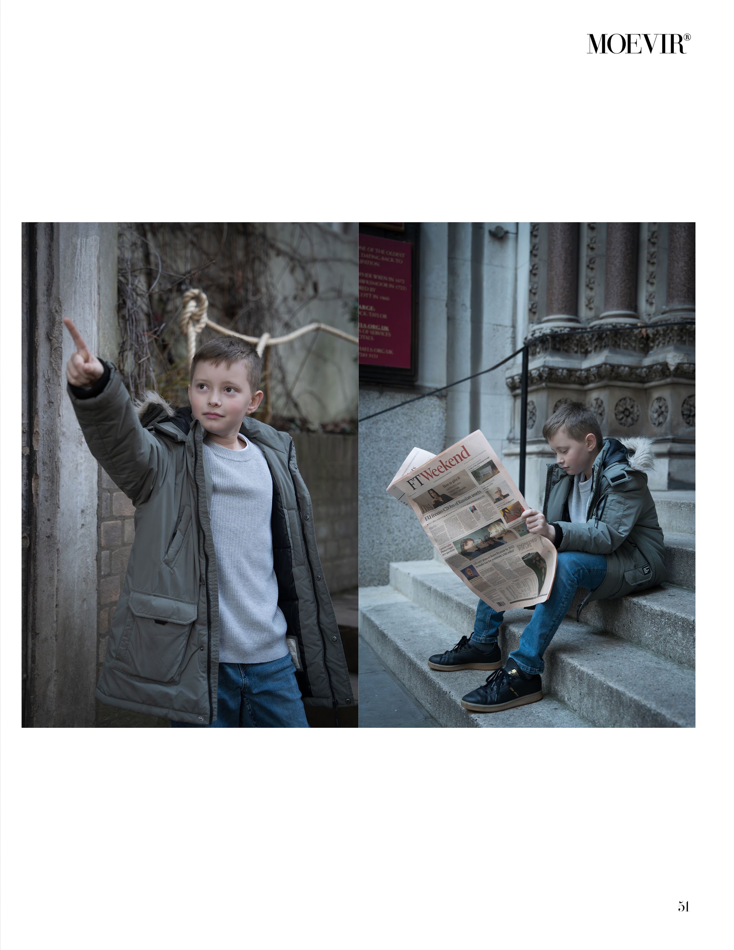 A diptych of vintage-style photos showing a young person in a gray jacket posing against stone architecture.