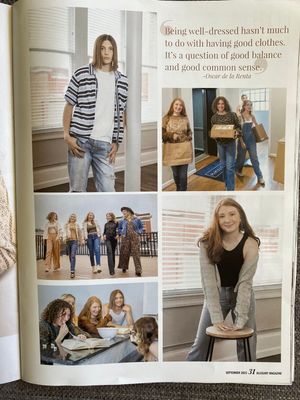 Magazine spread showing casual fashion and lifestyle photos with people studying and socializing in an interior setting.