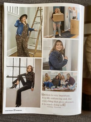 Magazine page showing lifestyle photos featuring denim jackets, leopard print outfits, and a casual gathering scene.