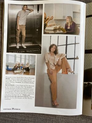 Magazine spread showing artistic fashion editorial layouts with models in beige and neutral toned clothing against minimalist settings.