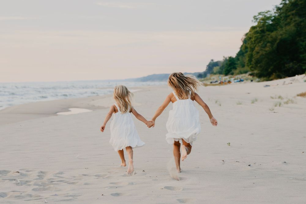 children, beach, sunset, sisters