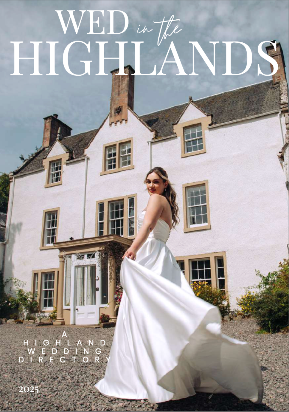 A bride in a flowing white wedding dress twirls against the backdrop of a traditional Scottish Highlands manor house.