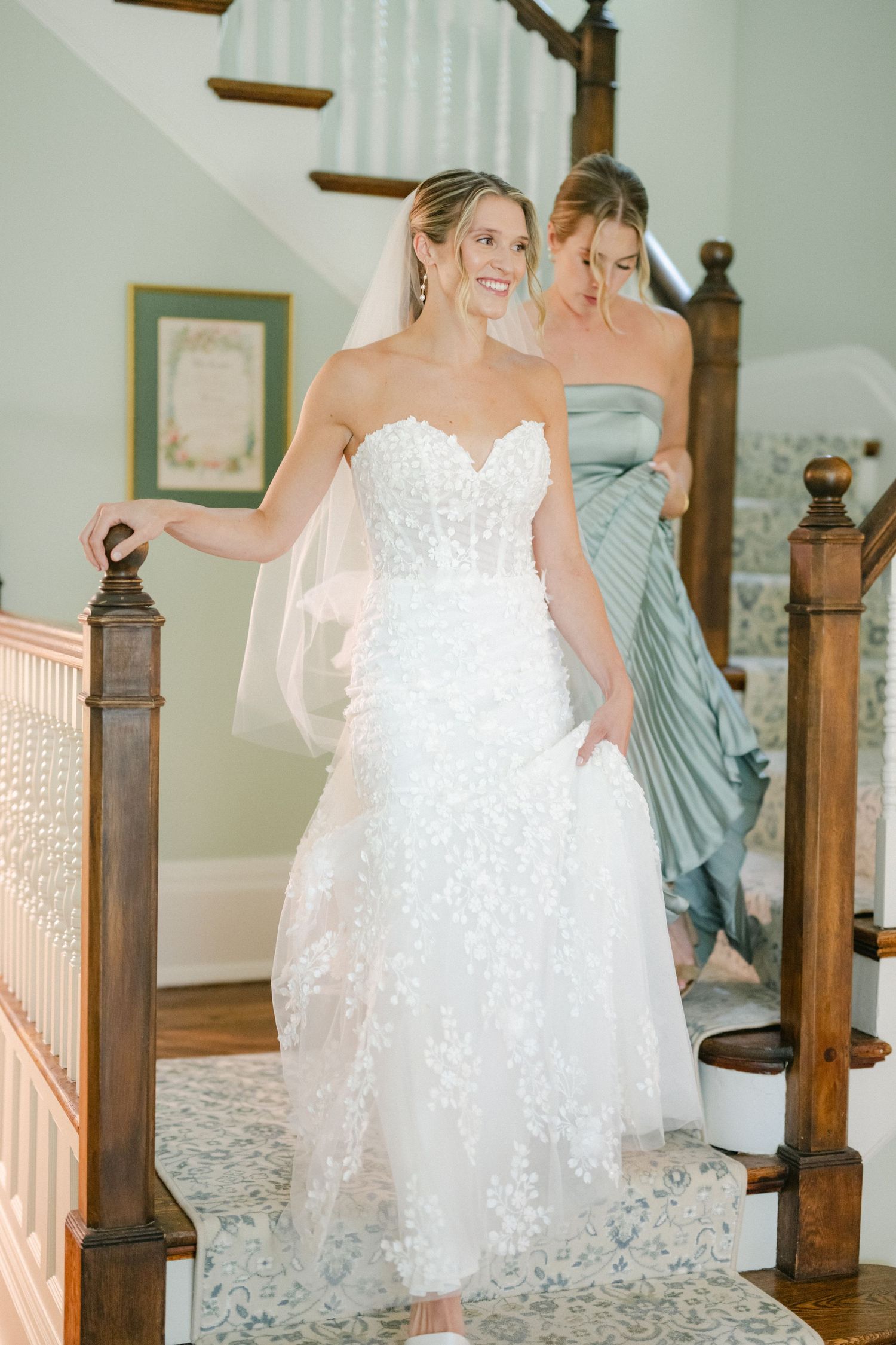 A bride in a white lace wedding dress walks up wooden stairs in a sequence of photos showing different angles. - Lake Forest