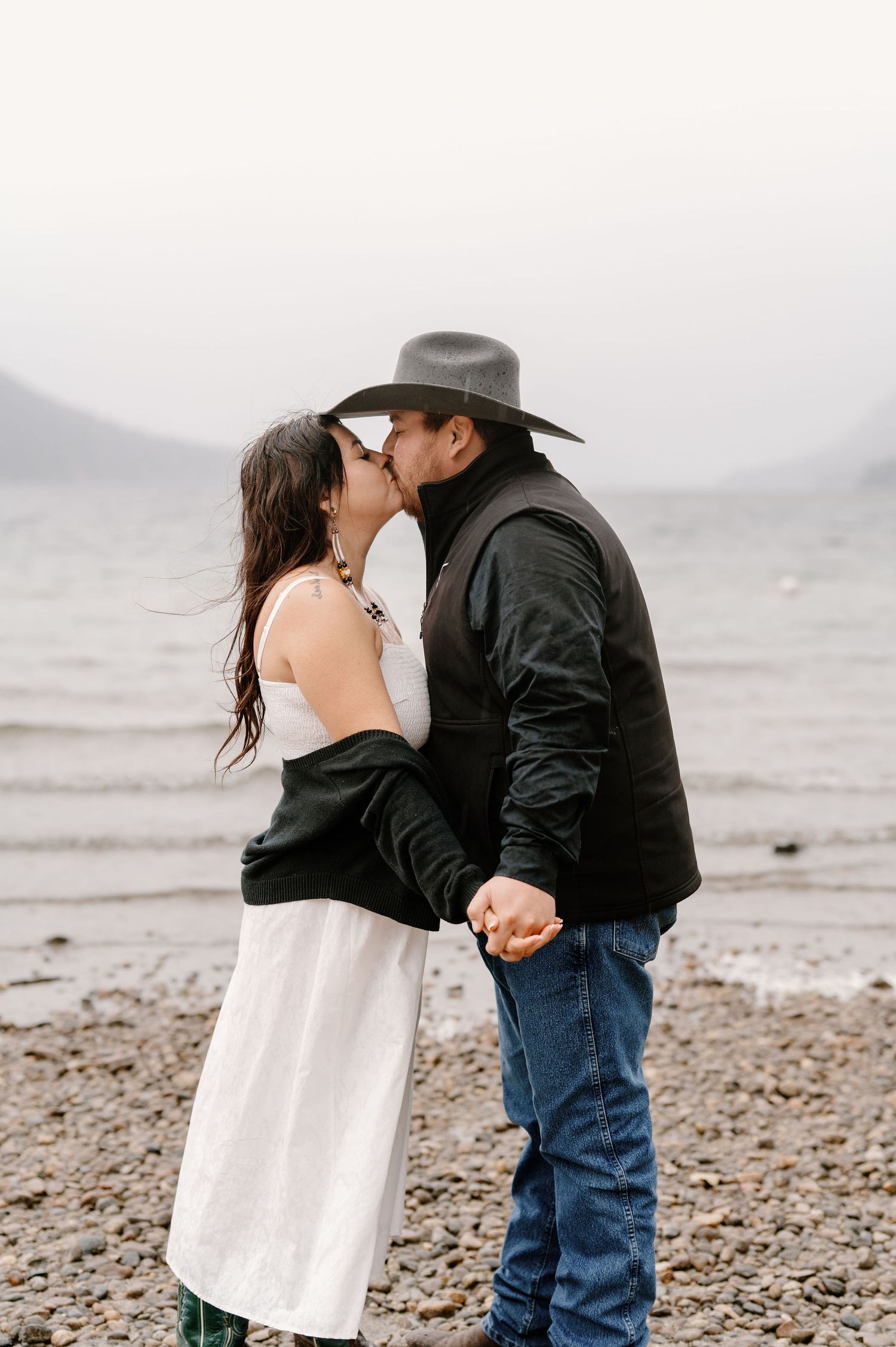 Cinematic engagement photos on a lake