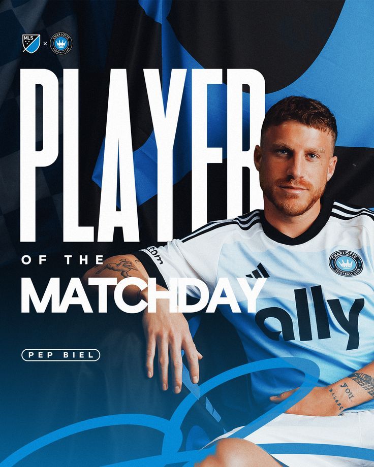 Pep Biel named MLS Player of the Matchday in Charlotte FC white Adidas jersey promotional graphic.