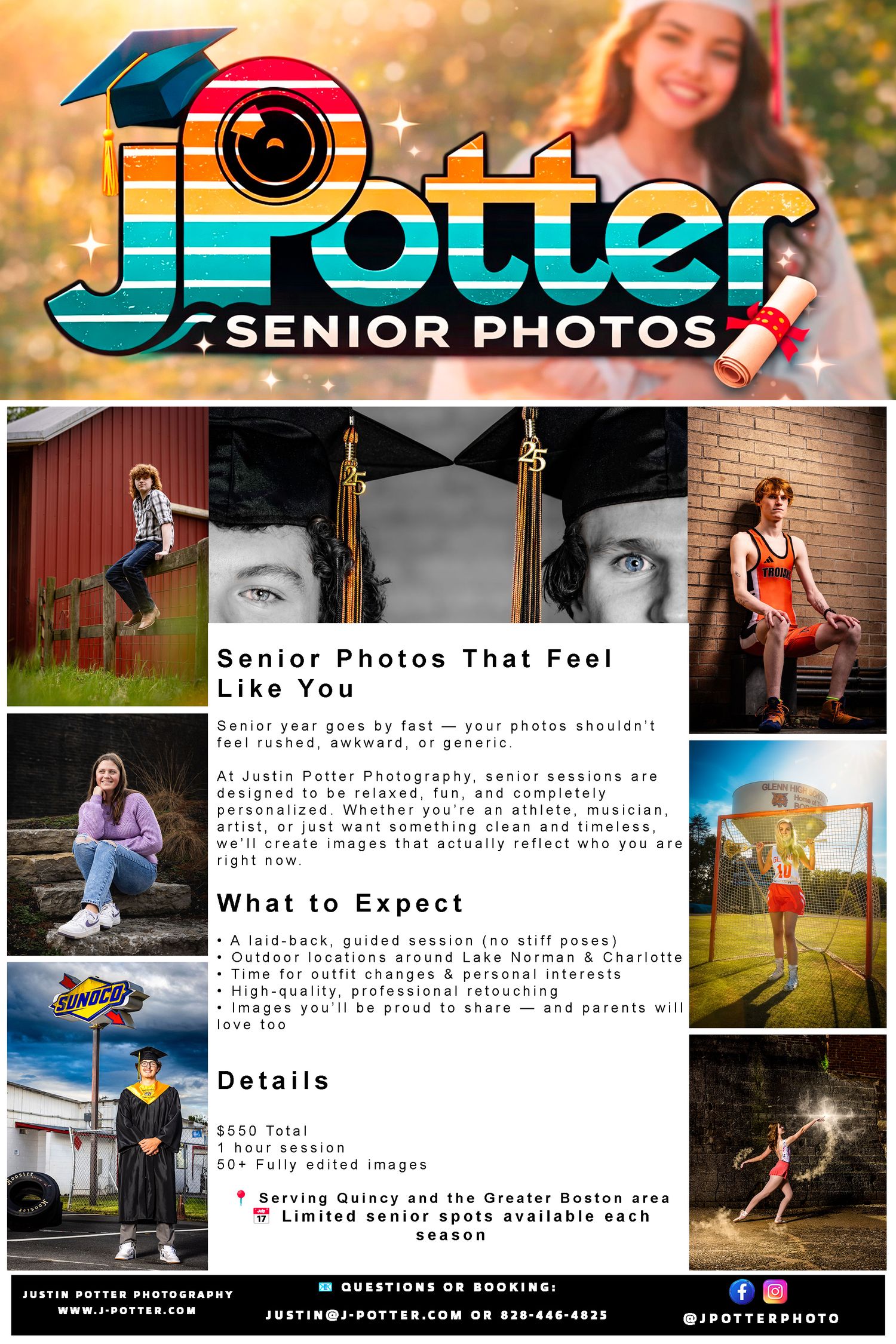 A collage of outdoor senior portrait photography marketing materials showing scenic locations and photo examples.