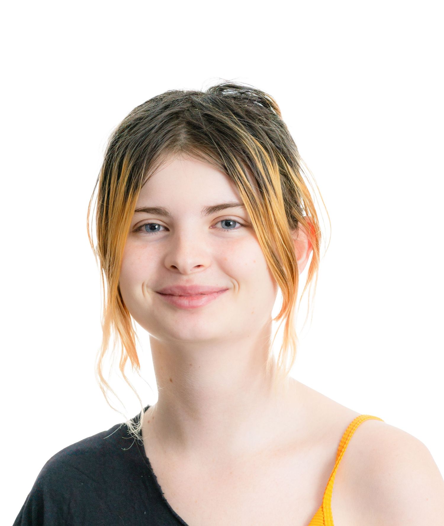 A sequence of five similar headshots showing a person with blonde hair and orange top smiling against a white background.