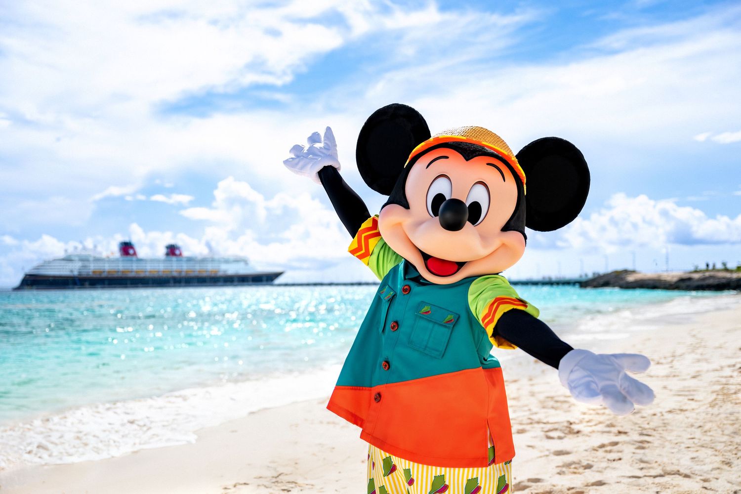 A collage of Disney Cruise Line vacation photos showing Mickey Mouse characters, sandy beaches, and cruise ships at sea.