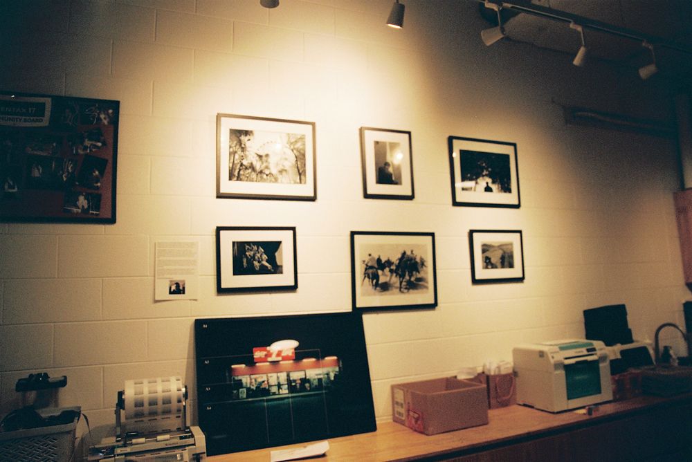 Art gallery interior with framed photographs displayed on beige walls under warm lighting.