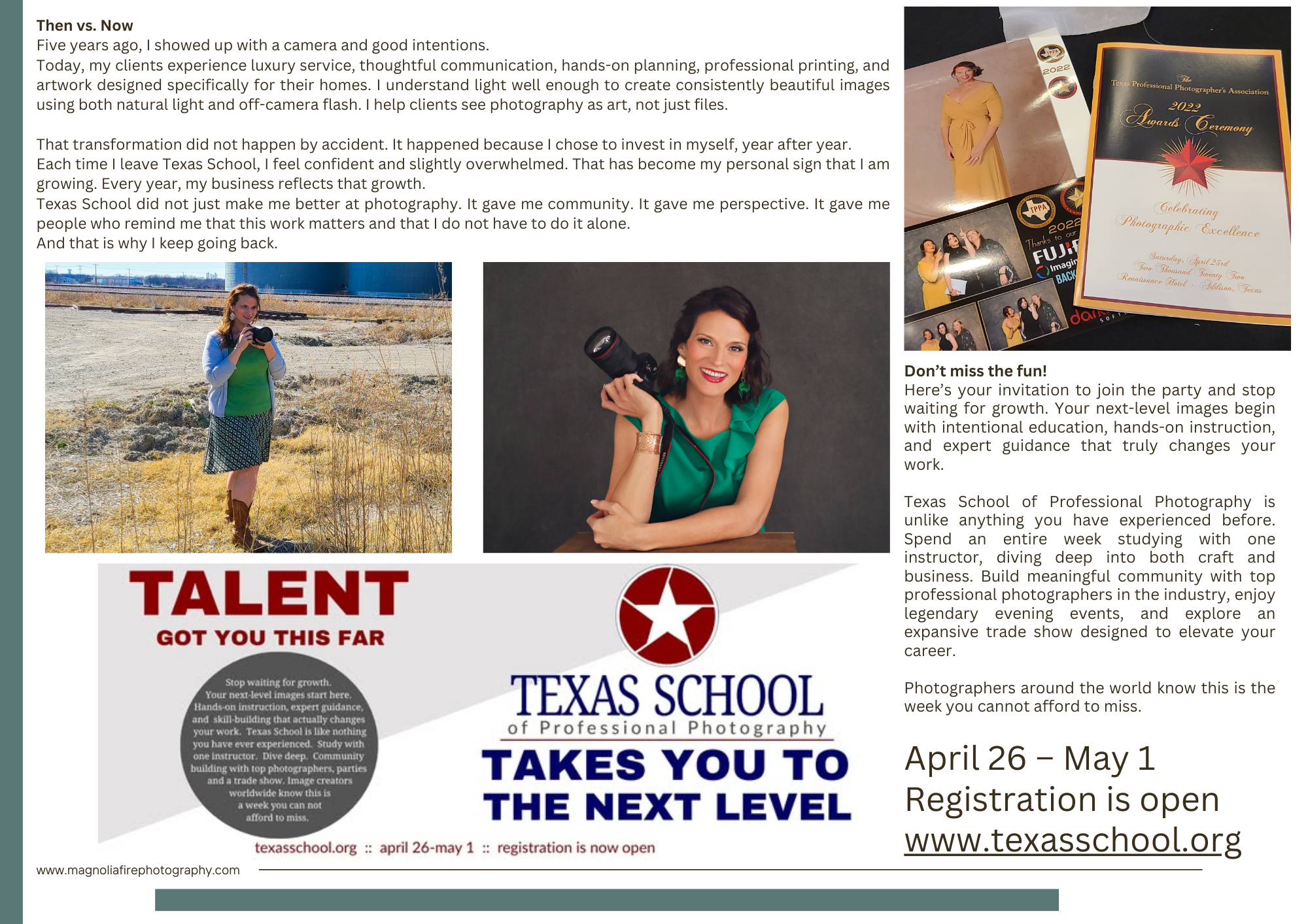 A collage of photography school scenes showing students learning and practicing with cameras outdoors and in classrooms. Texas School for Pr