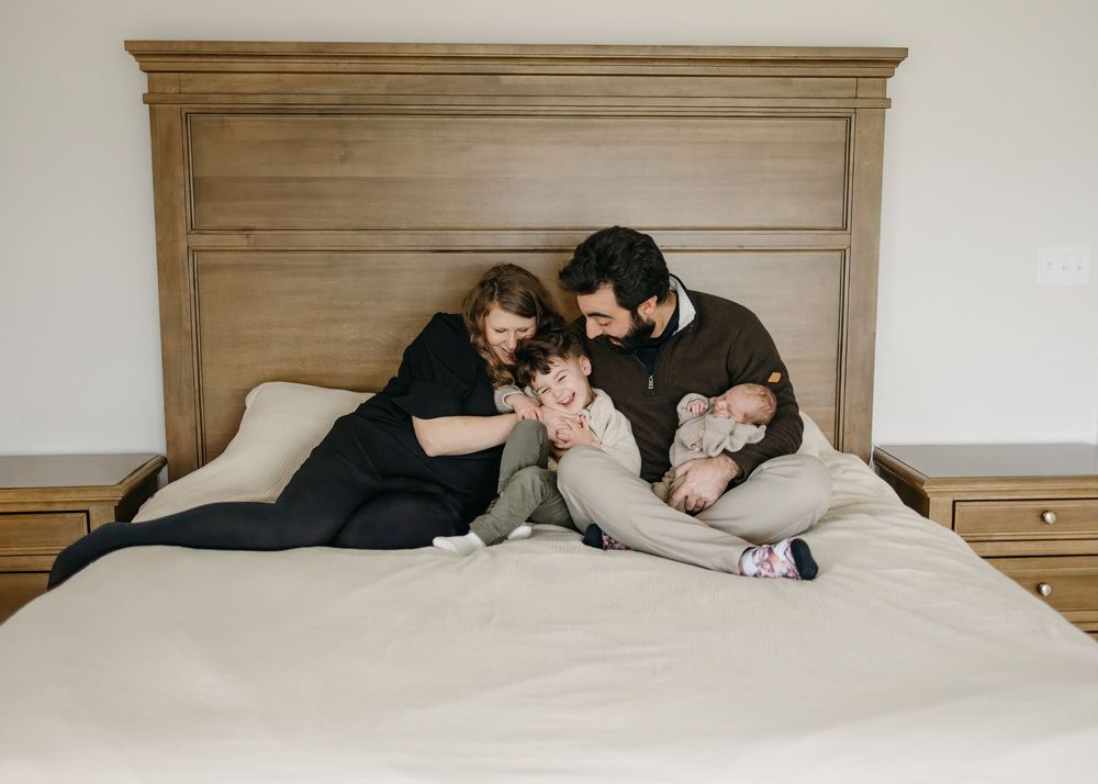 A series of images showing people lying on a bed in different positions while wearing casual clothing.
