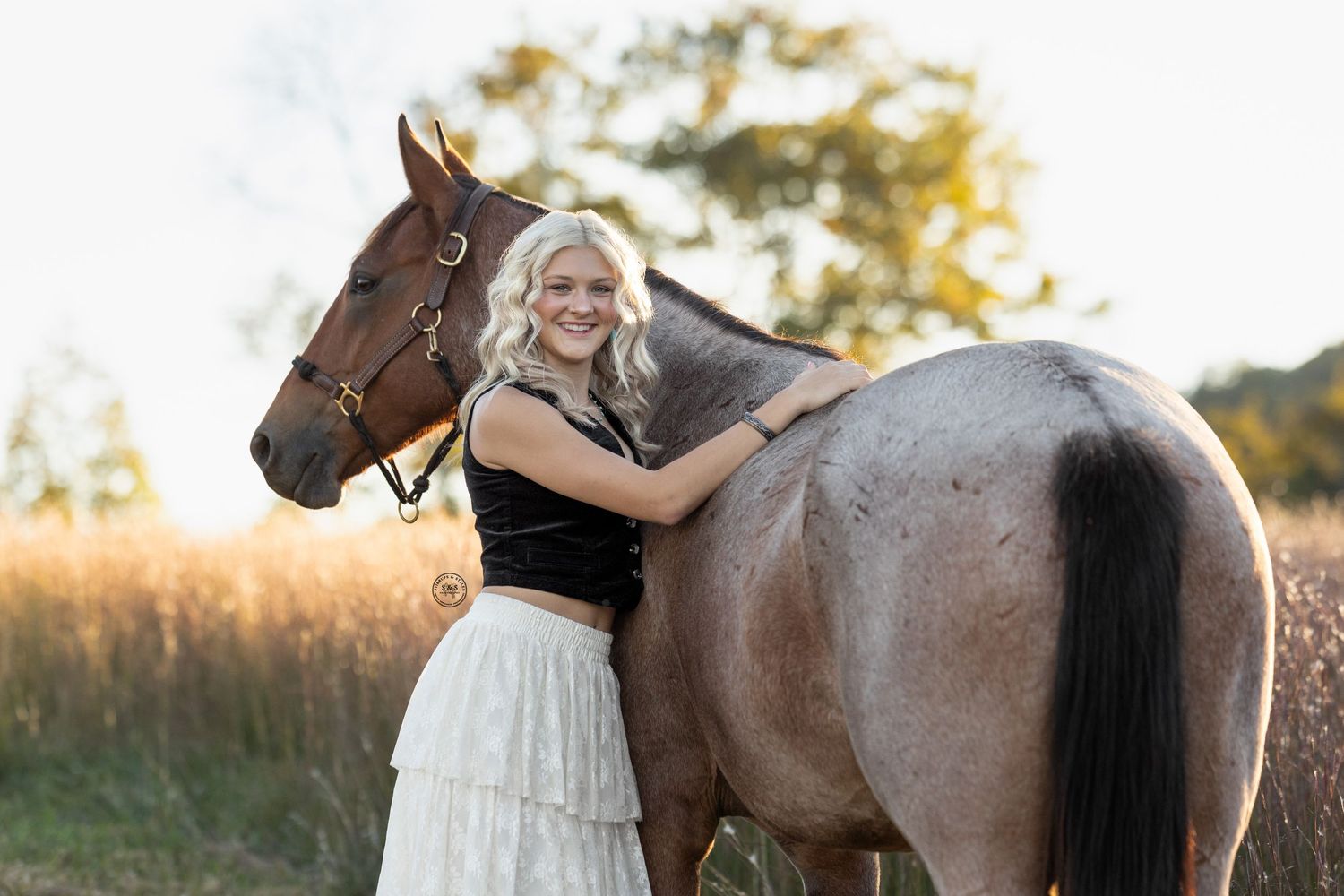 A brown horse and rider stand in a sunlit meadow during golden hour while taking photos at sunset.