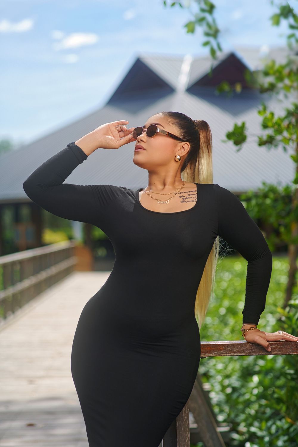A figure in a fitted black dress poses gracefully against a scenic outdoor backdrop.