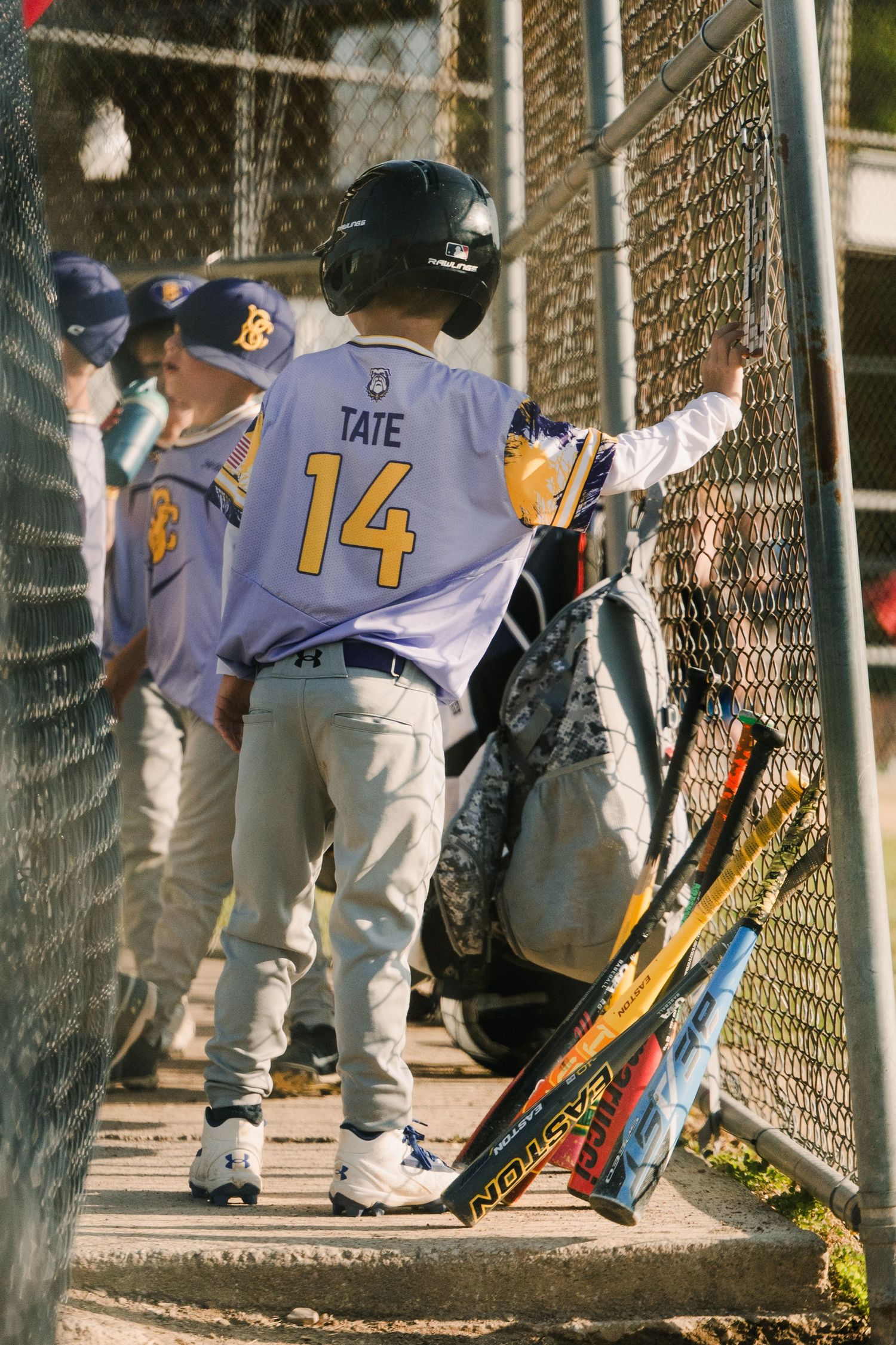 Youth baseball players in gray uniforms line up against a chain link fence.