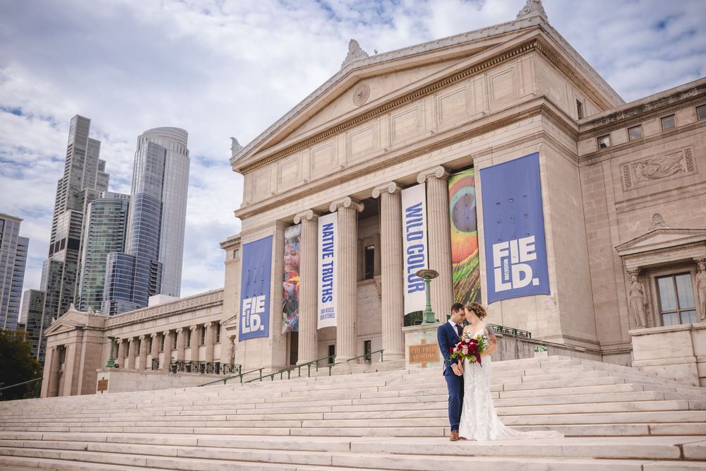 Panoramic sequence showing the exterior of the Field Museum in Chicago with modern skyscrapers visible in the background.
