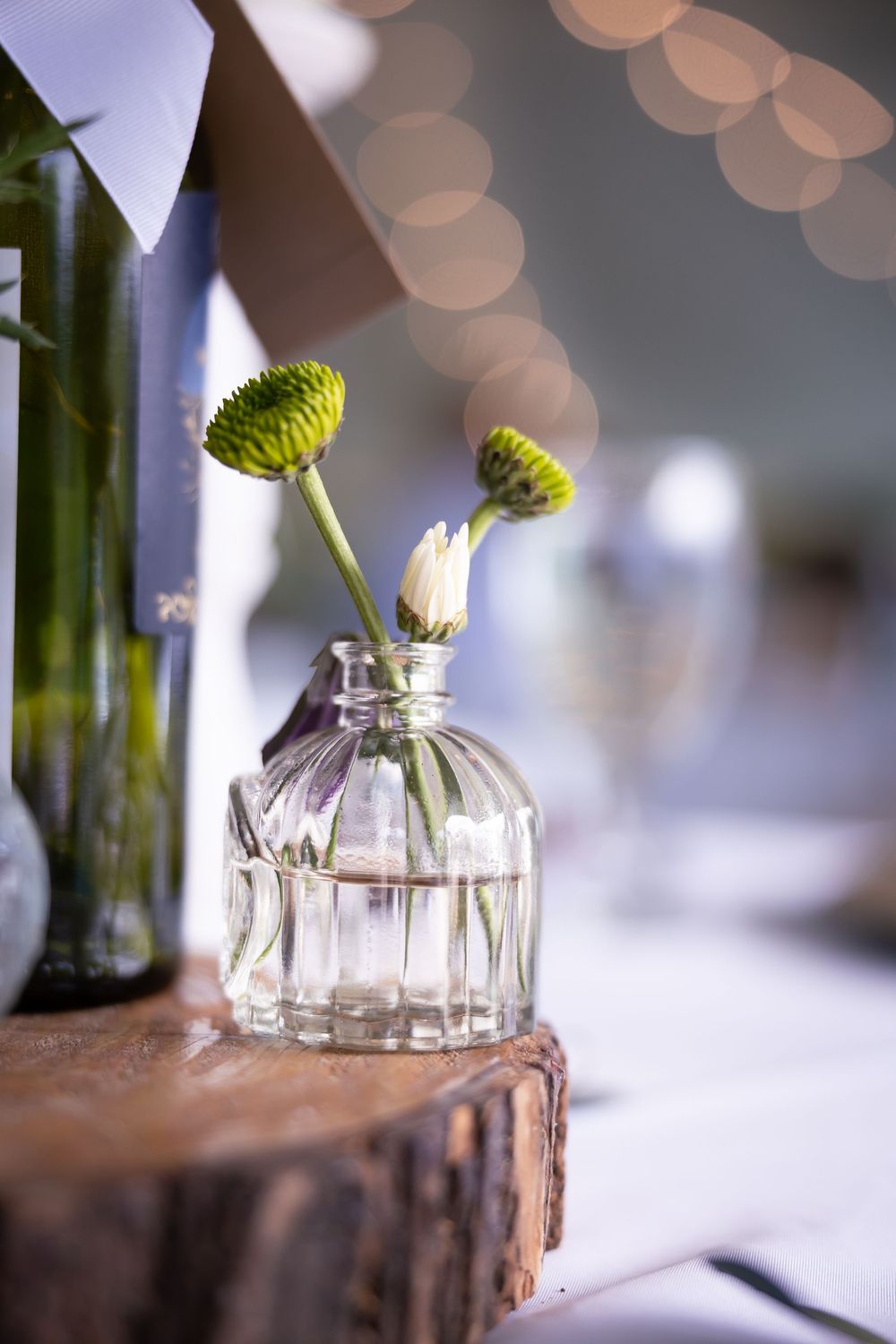 Small green buds in a vintage glass bottle vase sitting on a wooden slice with bokeh background.