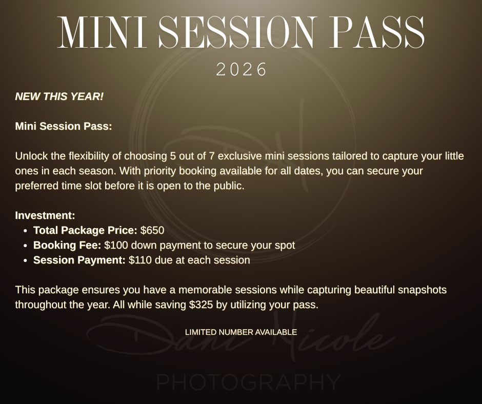 Mini session pass information displayed on dark background with pricing details.