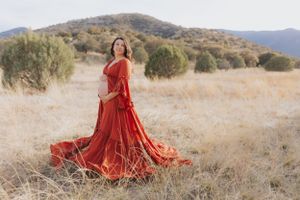 Dramatic maternity portraits in a red gown against golden desert grass and mountains.