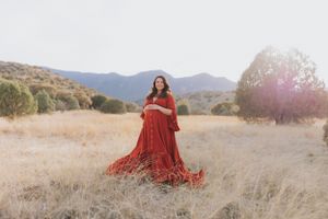 Ethereal maternity photoshoot in a rustic field with mountains in the distance.