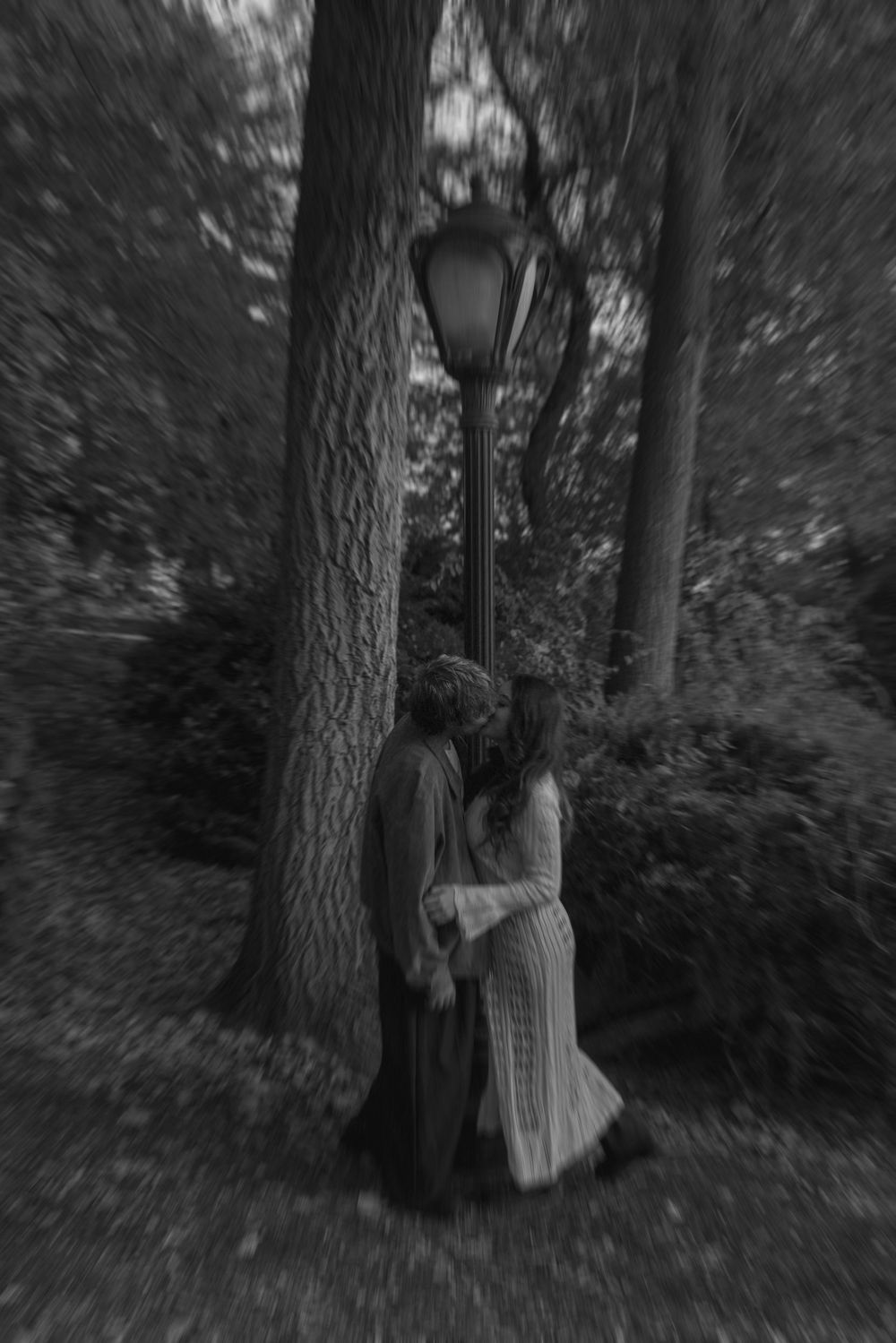 A haunting black and white series of images showing a ghostly figure in a white dress standing near trees in a forest.