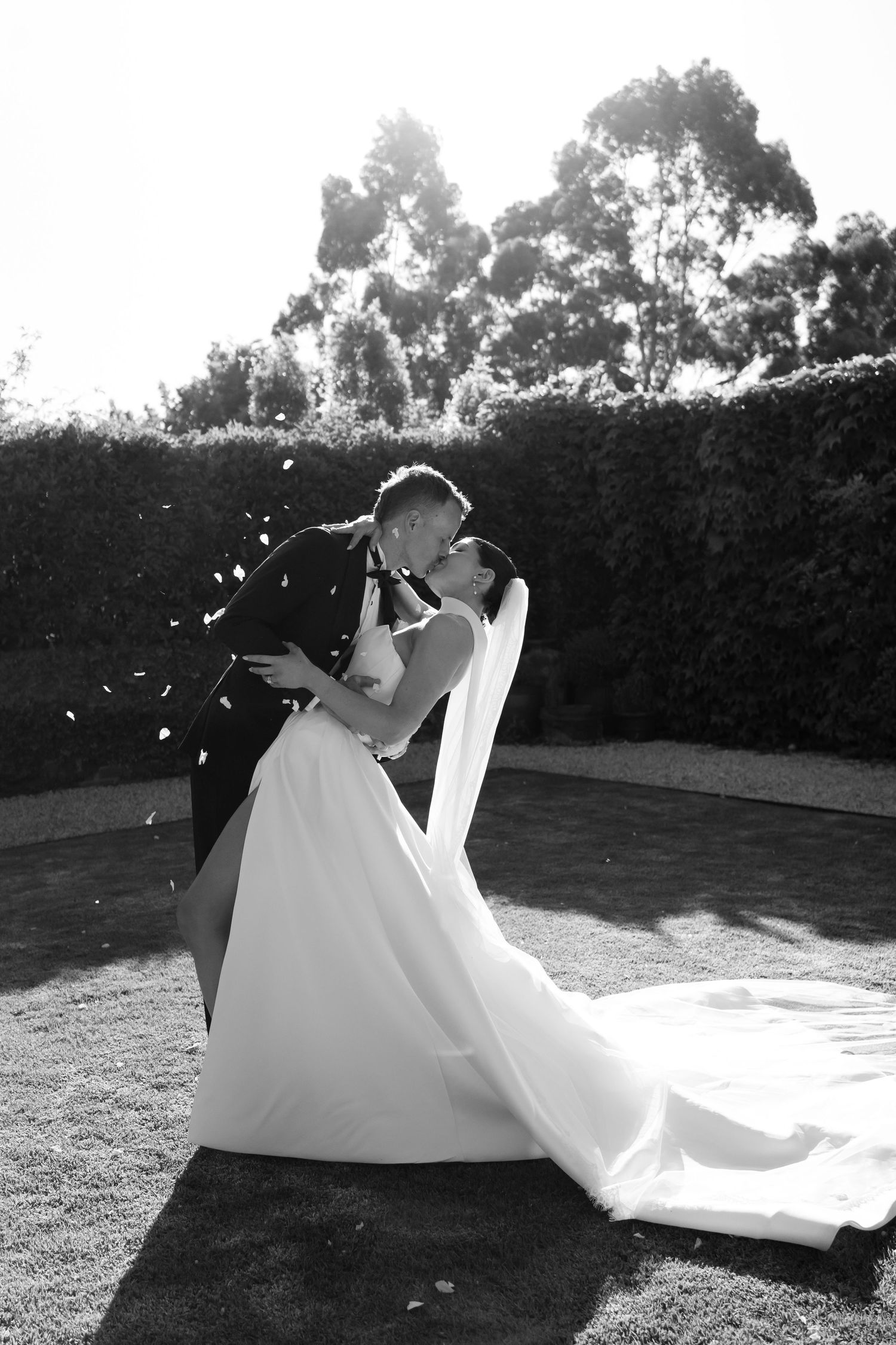 A flowing white wedding dress billows gracefully in the wind as a couple poses together on a sunlit grassy lawn.