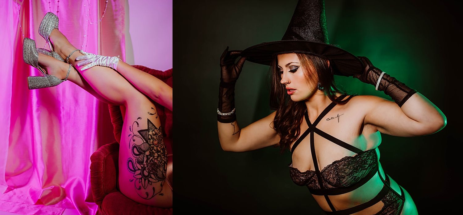 wicked themed lighting surrounds woman in black lace by Wisconsin photographer