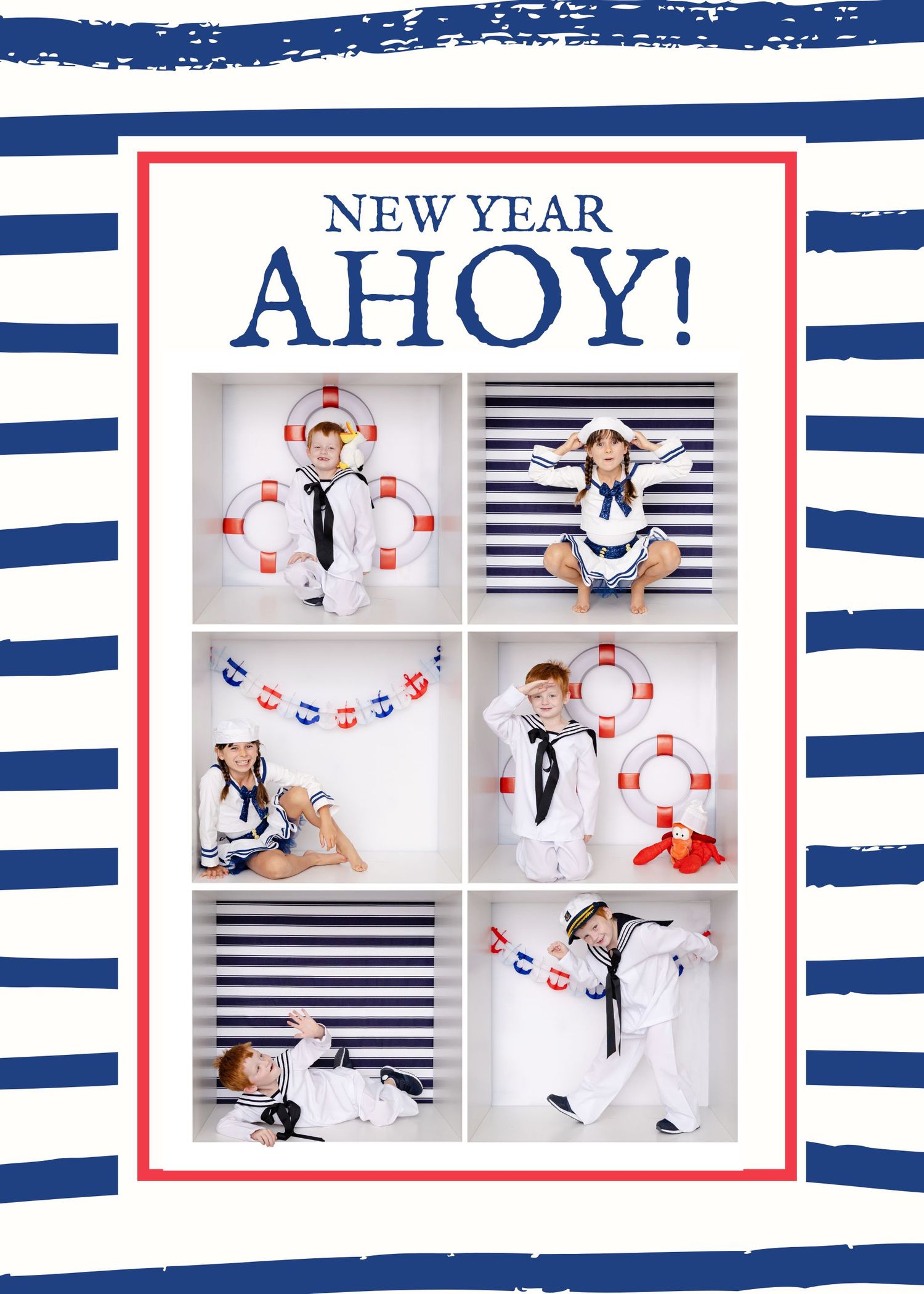 Nautical themed photo collage with white and navy striped backgrounds featuring life preservers and sailor outfits.