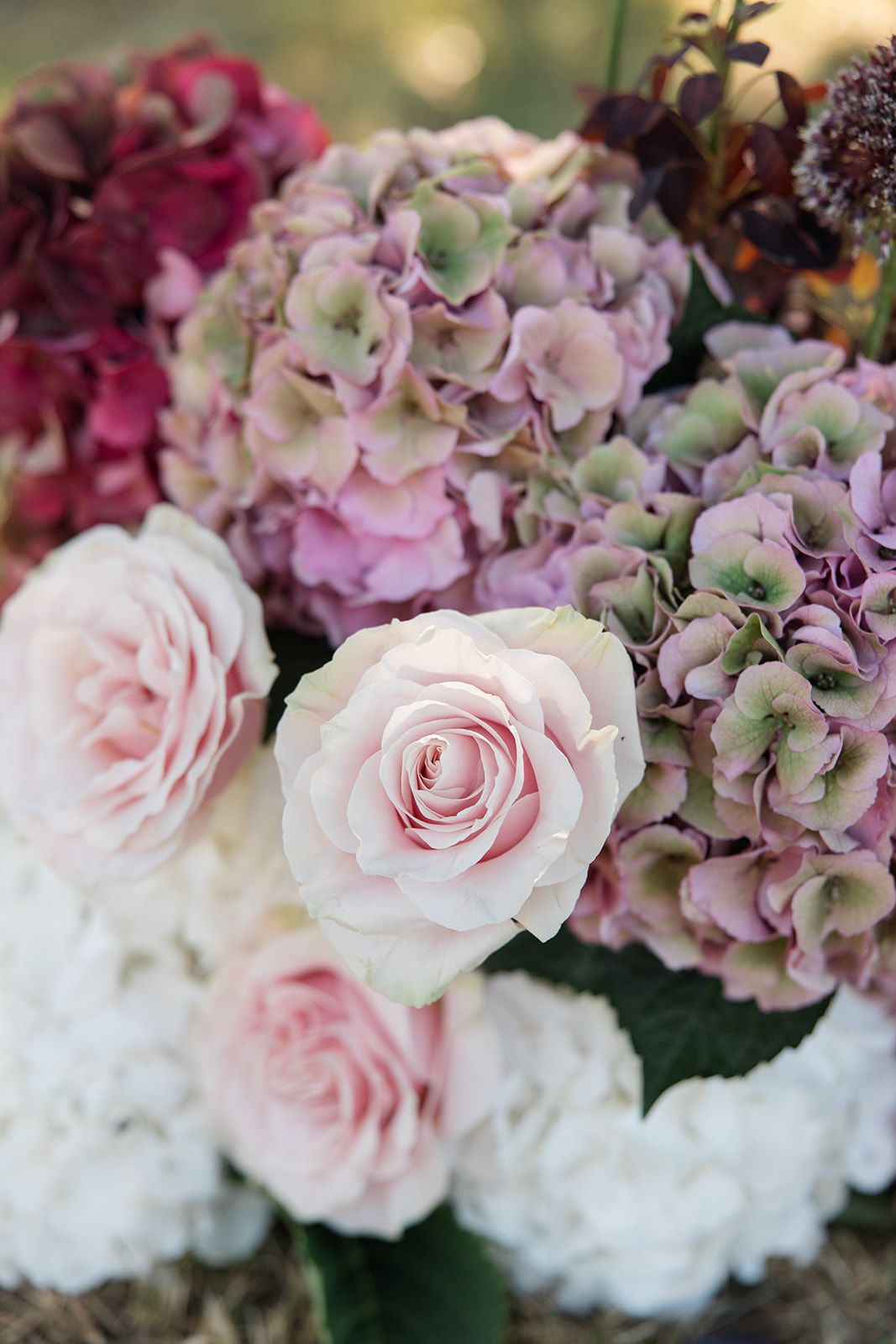 A romantic floral arrangement featuring soft pink roses and purple hydrangeas in a blurred garden setting.