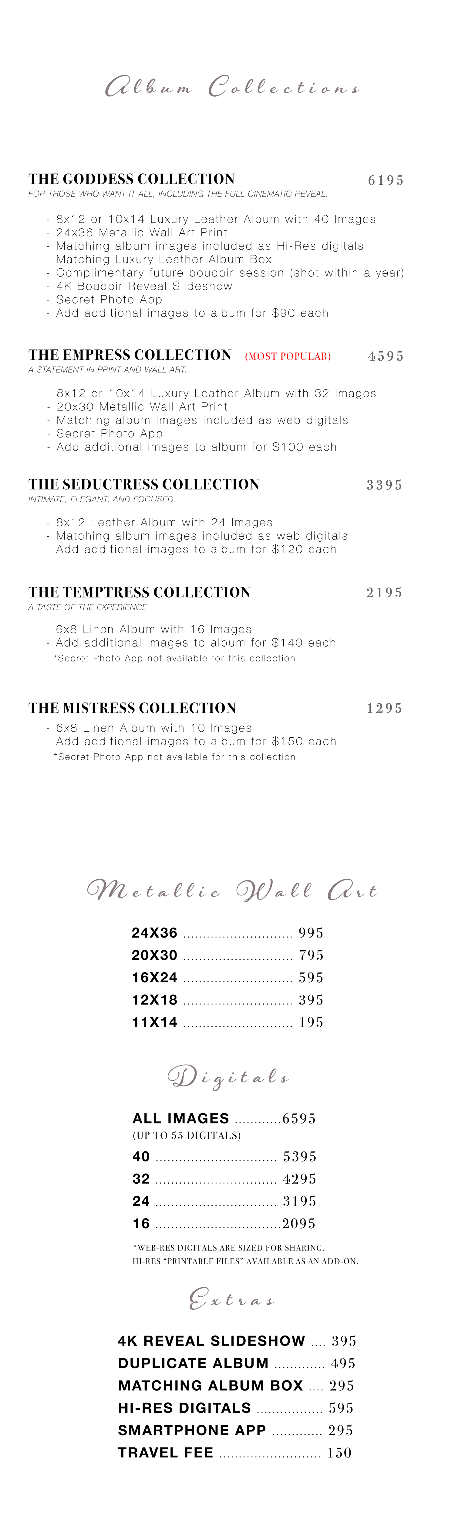 Price list for boudoir photography collections and packages with album and metallic wall art options.