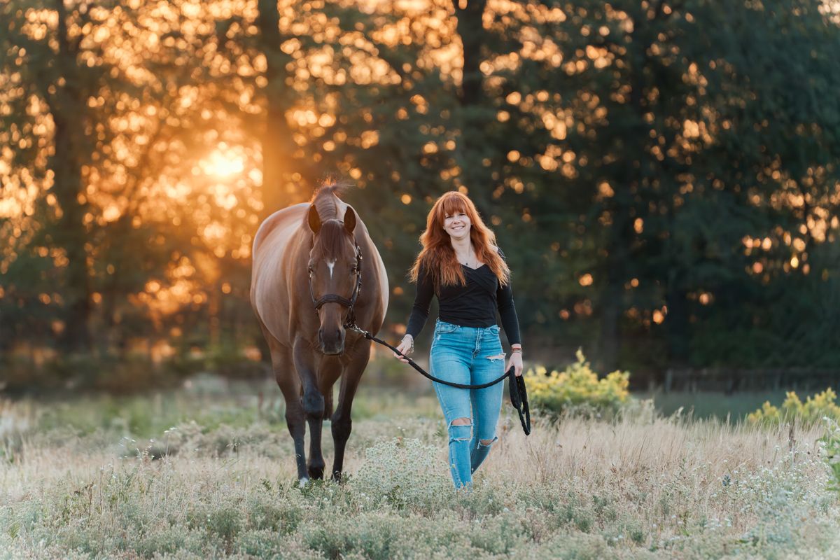 person walks with a brown horse through a misty field at sunset while holding a blue bucket during an individual horse photoshoot in sydney