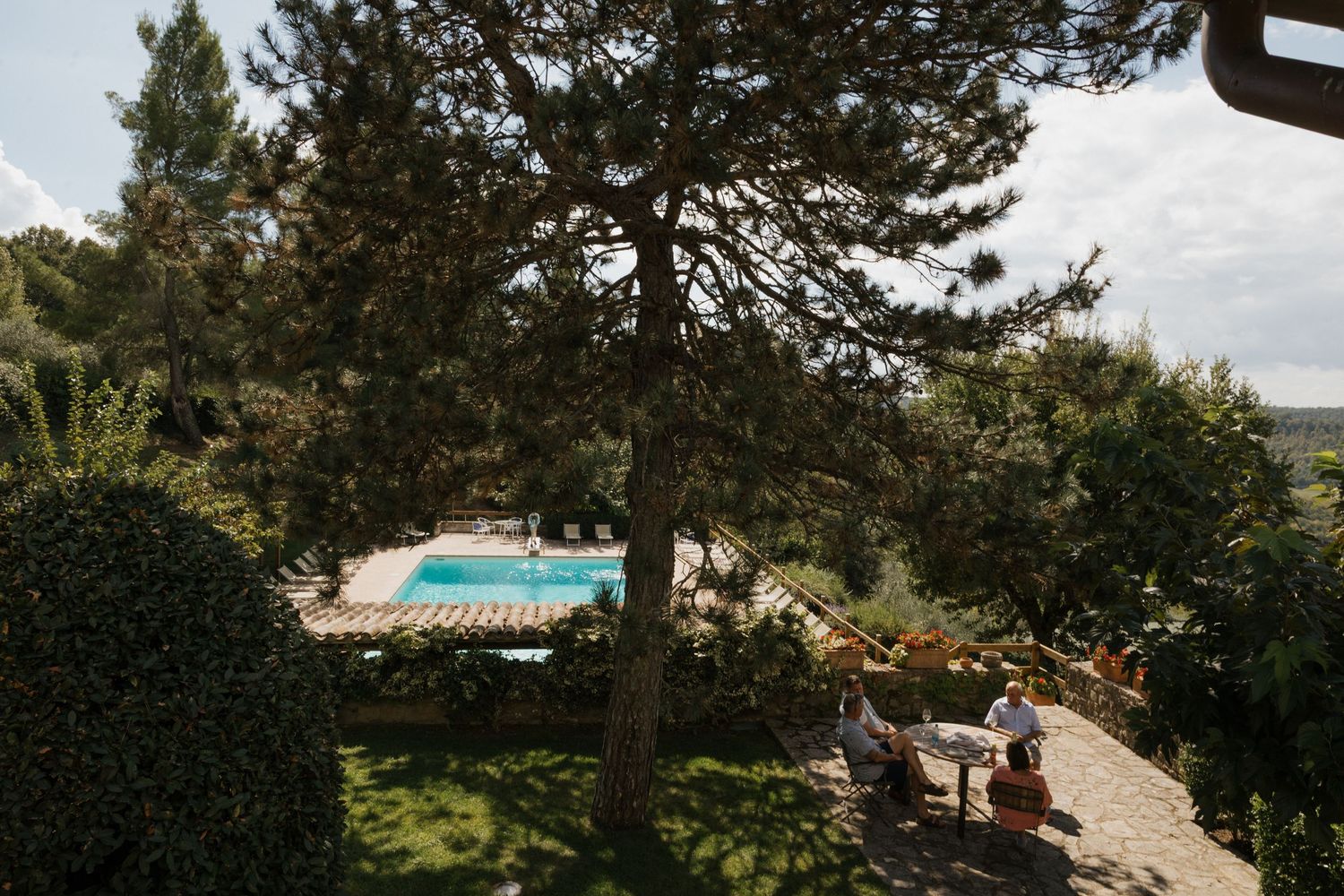 Scenic mountain landscape view with evergreen trees and a swimming pool.