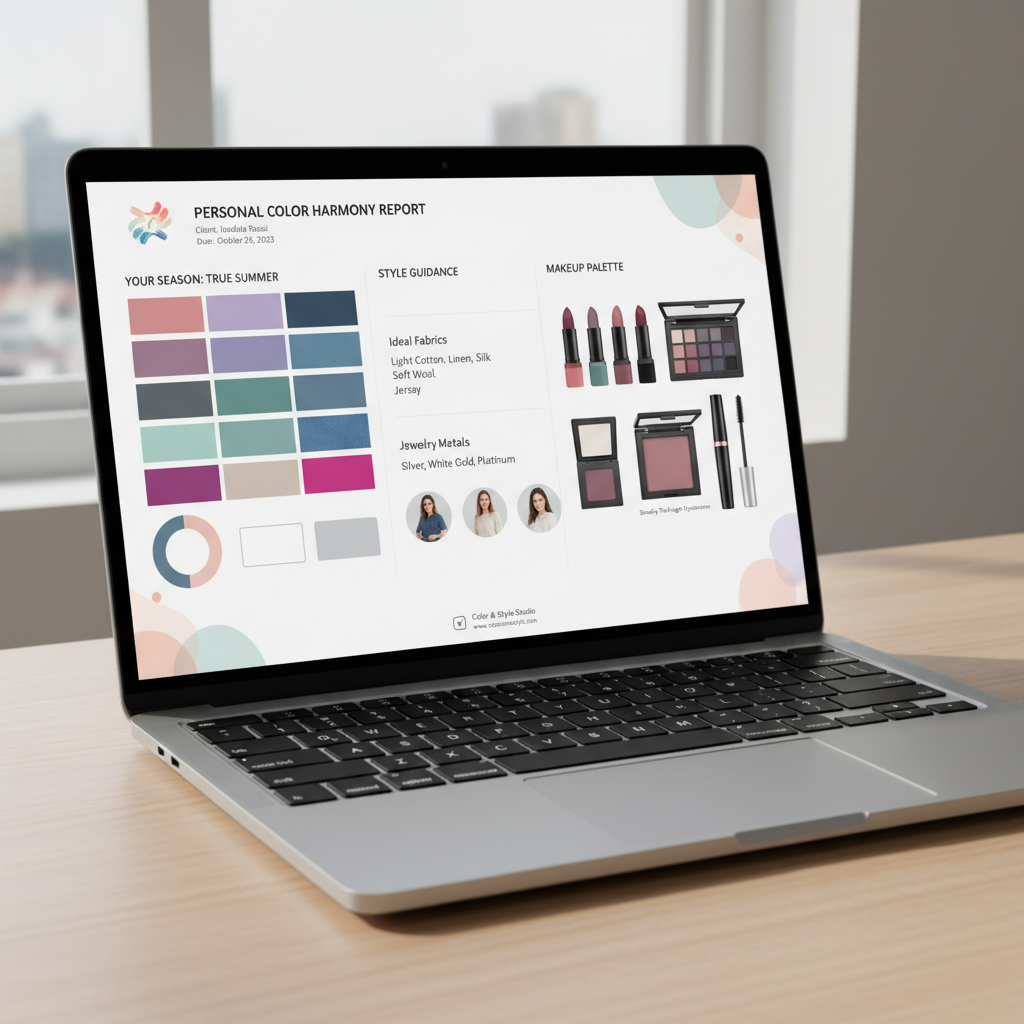 Laptop displays showing brand style guide and color palette mockups on white desk in modern workspace setting.