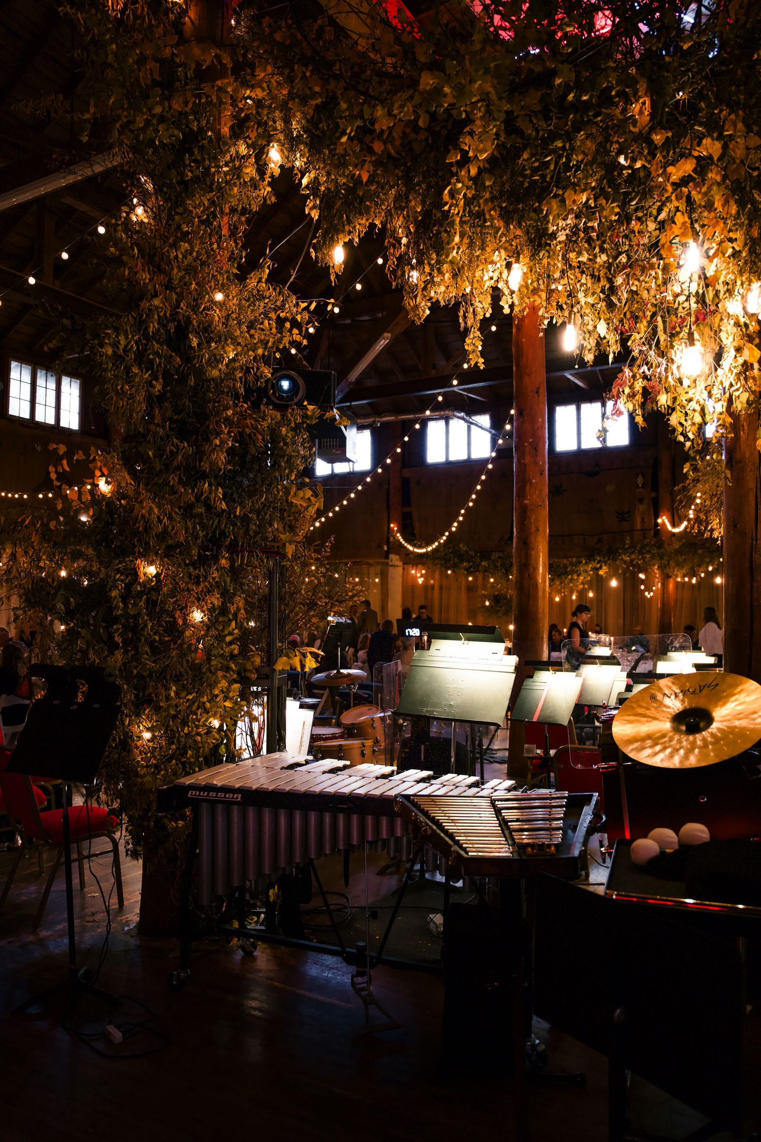 Rustic indoor venue decorated with warm string lights and natural greenery for an elegant evening event.