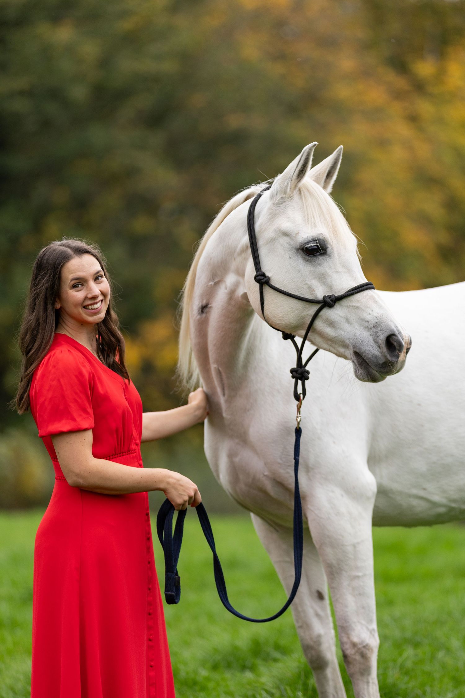 Two horses stand with people in a lush garden setting on a sunny day with colorful flowers blooming.