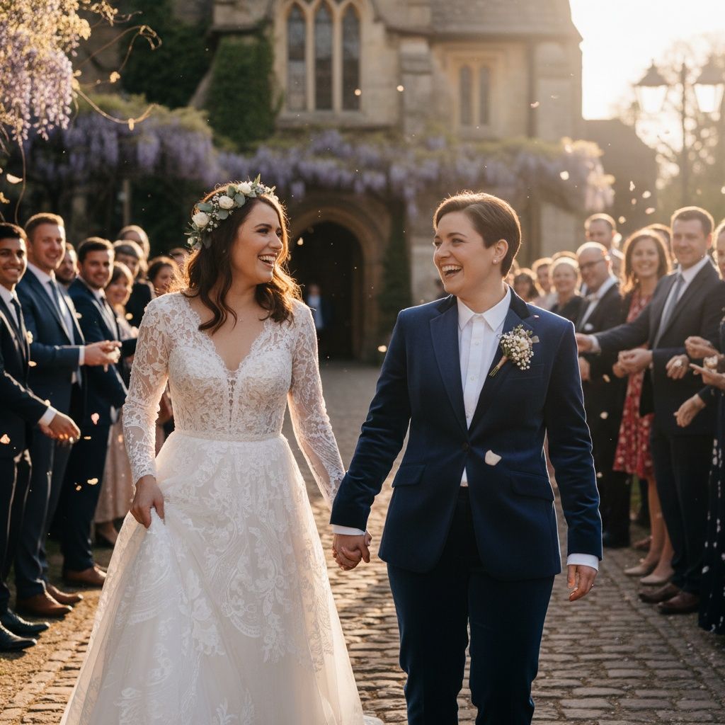 Newlyweds walk down a stone path during golden hour as guests celebrate their wedding ceremony at a historic venue.