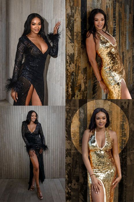 A glamorous photo collage showing elegant evening wear featuring sparkling black and gold sequined dresses with high slits. Photo session.
