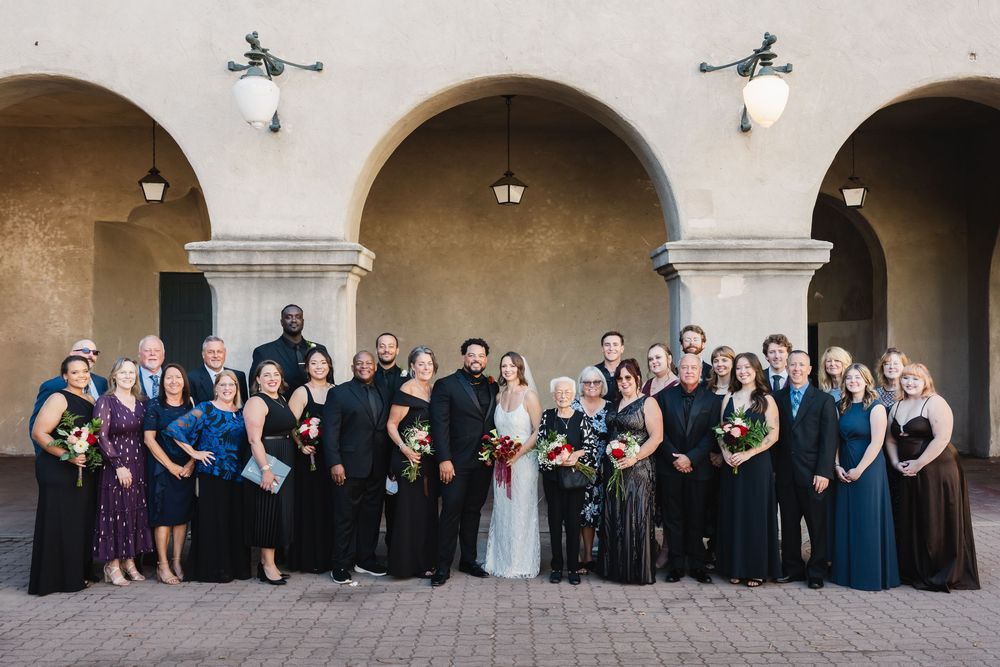 Bride and Groom take Family Portraits at St Francis Chapel in Balboa Park