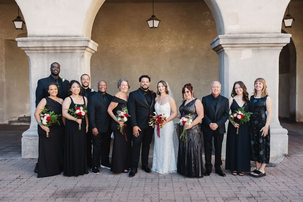 Wedding Party portraits at St Francis Chapel in Balboa Park