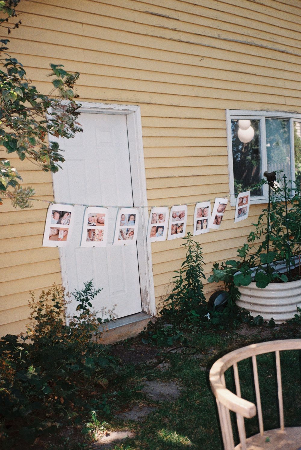 Photos of big and little sister strung up and together for a party game at a baby shower event in Ferry Village in South Portland Maine.