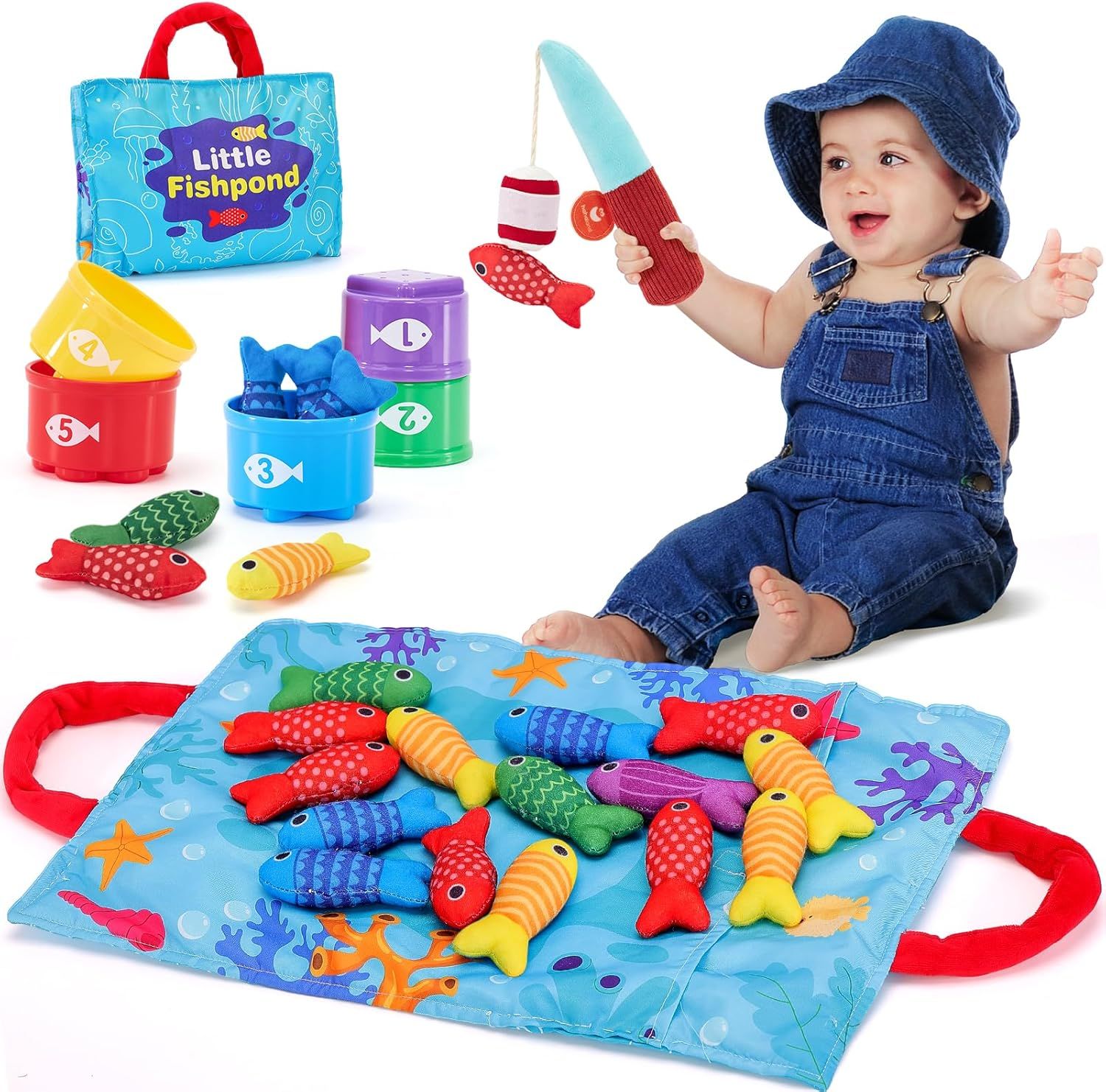 Colorful baby fishing toy set with magnetic rods and sea creatures on a foldable play mat for early learning activities.