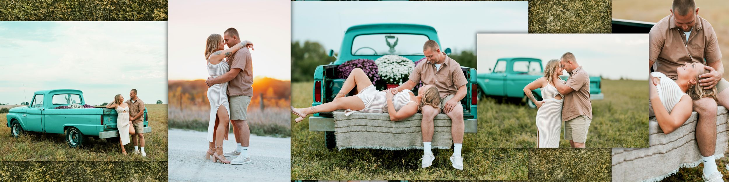 A collection of rustic outdoor engagement and wedding photos featuring a vintage turquoise truck and natural settings.