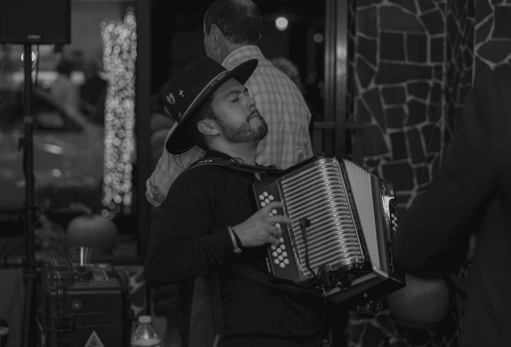 A musician performs with an accordion at a dimly lit venue in black and white.