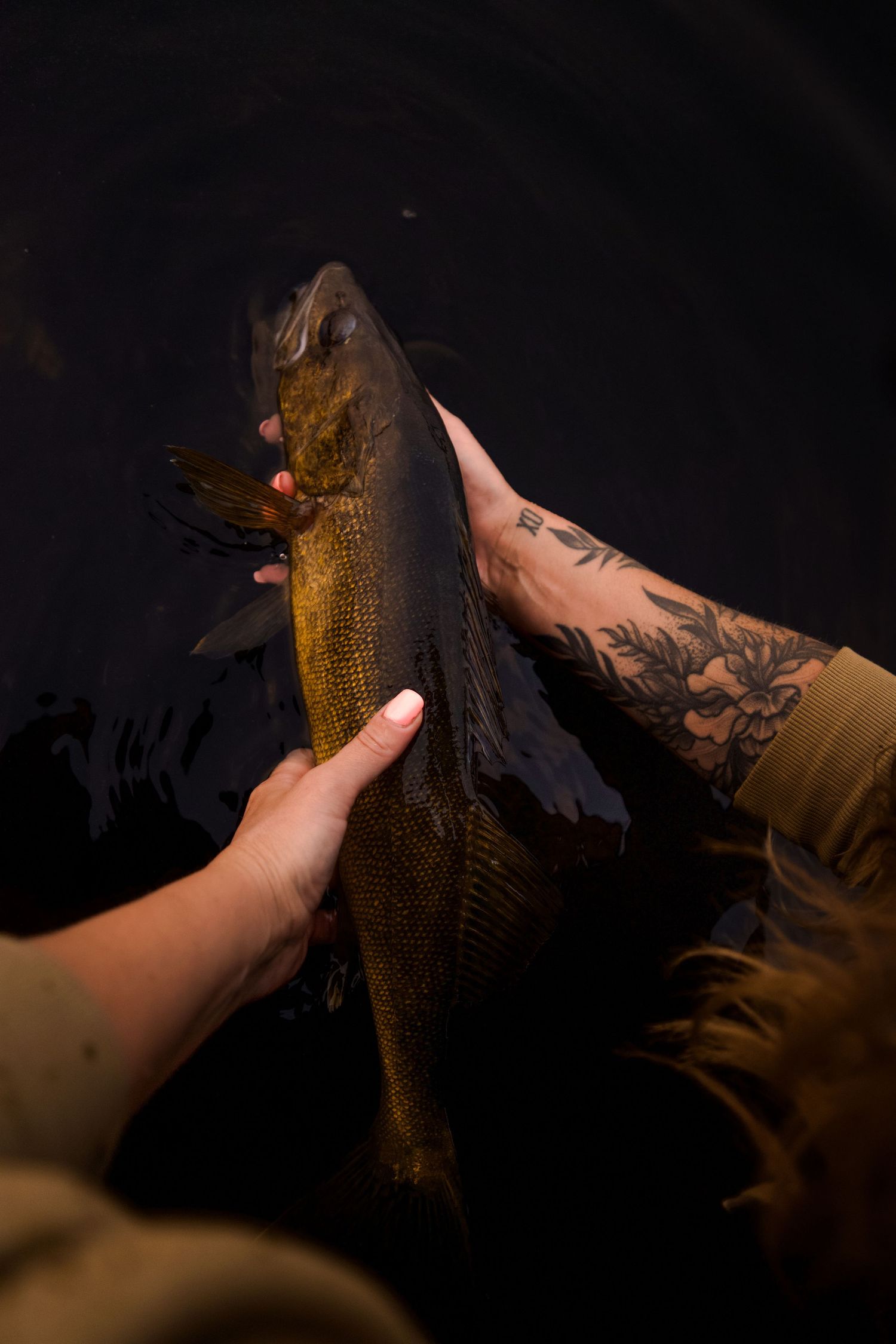 Close-up shot of a freshly caught smallmouth bass with visible scales and markings.